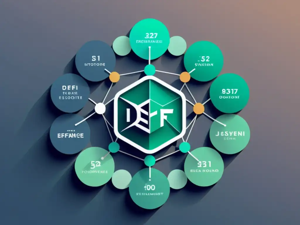 Una ilustración digital minimalista de un ecosistema DeFi complejo, con nodos interconectados que representan diversas plataformas de finanzas descentralizadas, líneas futuristas y una paleta de colores calmante, transmitiendo orden y avance tecnológico