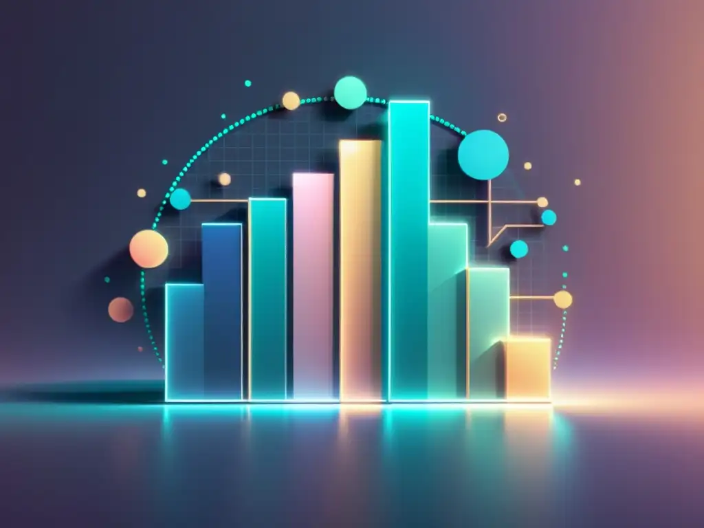 Ilustración digital minimalista de un gráfico con puntos de datos que representan resultados de análisis predictivo en marketing digital, rodeado de formas geométricas translúcidas en colores pastel