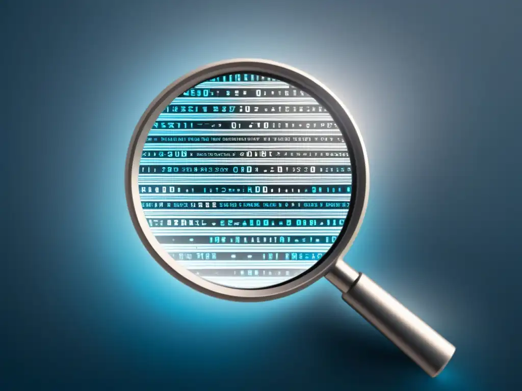 Una ilustración digital minimalista de una lupa sobre un mar de código binario, con flujos de datos debajo