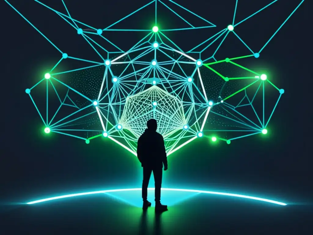 Ilustración digital minimalista de un mercado en la web oscura, con nodos e intercambio de información cifrada en tonos oscuros y toques de neón