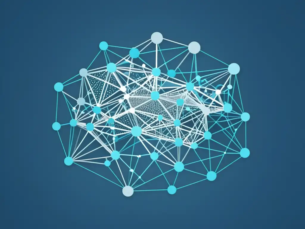 Red de datos y IA: Ilustración minimalista en tonos fríos Una ilustración digital minimalista de nodos interconectados y puntos de datos formando patrones intrincados en tonos fríos de azules y grises