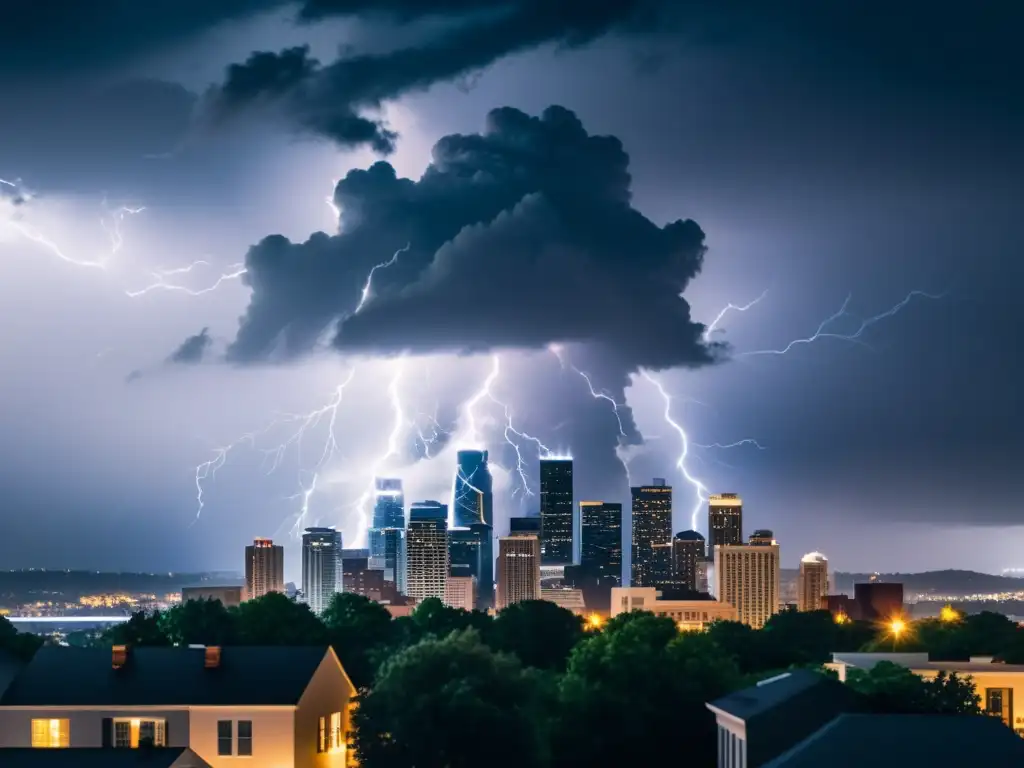 Tormenta urbana: ilustración minimalista con nubes oscuras y relámpagos Una ilustración digital minimalista de una nube de tormenta oscura sobre un horizonte urbano, con relámpagos y lluvia intensa
