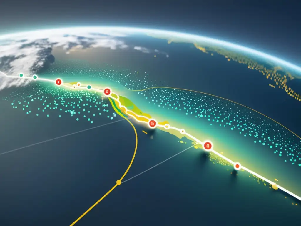 Una ilustración digital minimalista de alta resolución que muestra datos interconectados y un escenario de desastre natural, como un huracán o un terremoto, destacando el potencial del Big Data en gestión desastres naturales