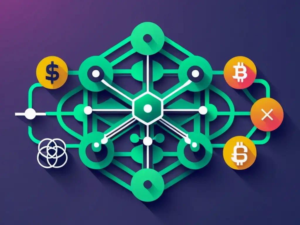 Una ilustración digital minimalista de símbolos financieros interconectados y nodos de red descentralizada, con un aspecto limpio y moderno