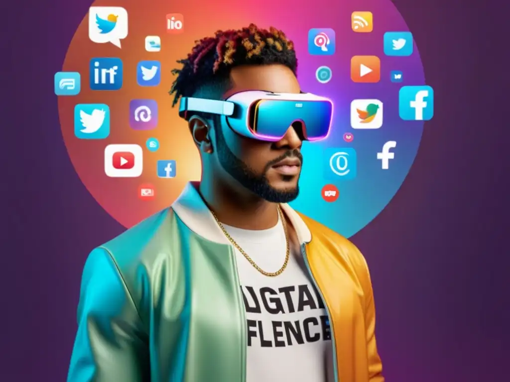 Influencer digital en realidad aumentada rodeado de iconos de redes sociales y elementos de realidad virtual