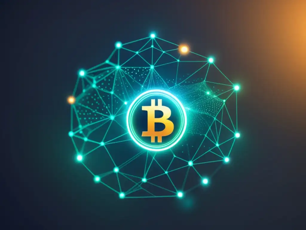 Red de blockchain iluminada: Bitcoin y eficiencia energética Una ilustración digital de alta resolución muestra una red de nodos interconectados con datos y símbolos de tecnología blockchain