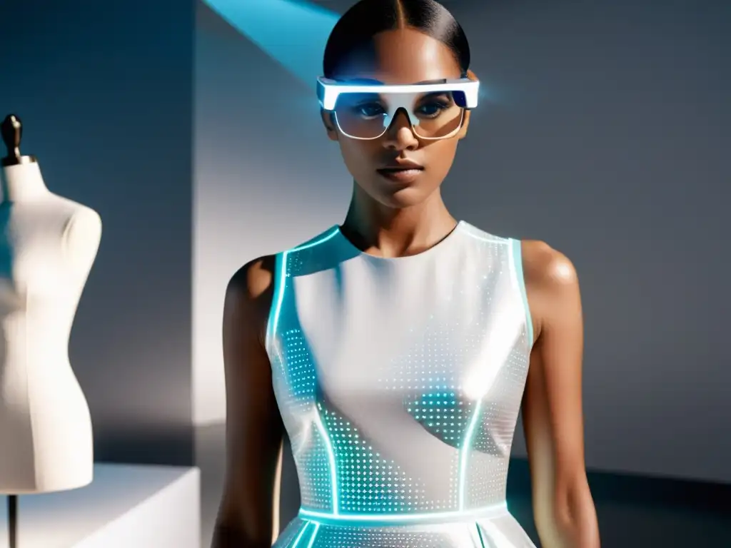 Diseñador de moda utilizando gafas de realidad aumentada para manipular un vestido holográfico en un estudio futurista