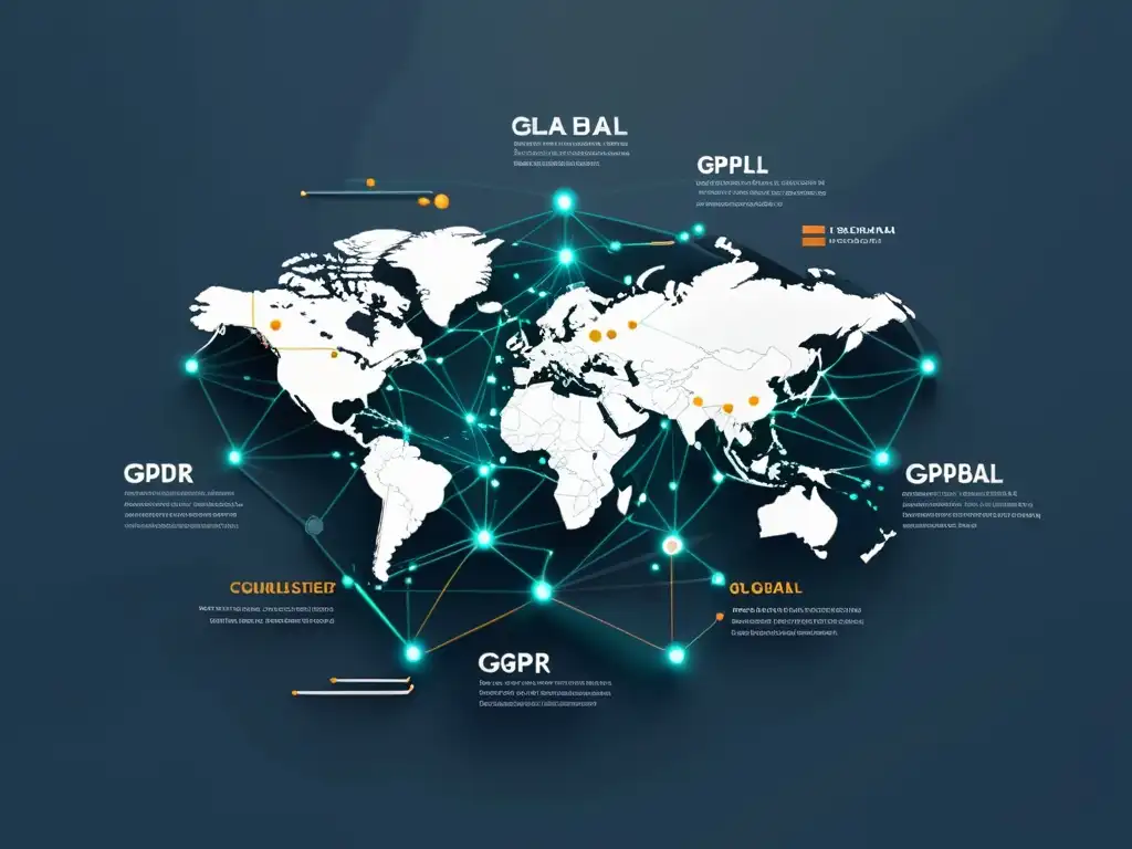 Un diseño digital minimalista de flujos de datos globales y regulaciones de ciberseguridad, con nodos interconectados representando países y directrices GDPR, en tonos suaves y diseño moderno que transmiten profesionalismo e impacto global