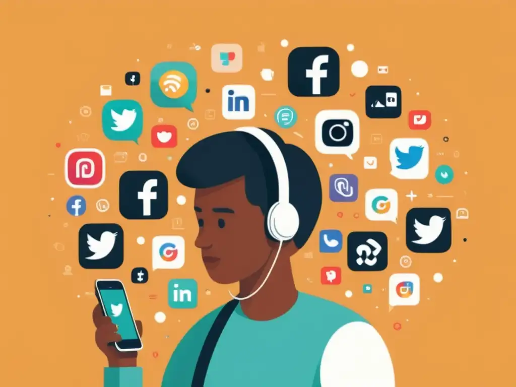 Diseño de Experiencia de Usuario (UX) en Redes Sociales: Ilustración minimalista de persona usando smartphone con íconos de redes sociales