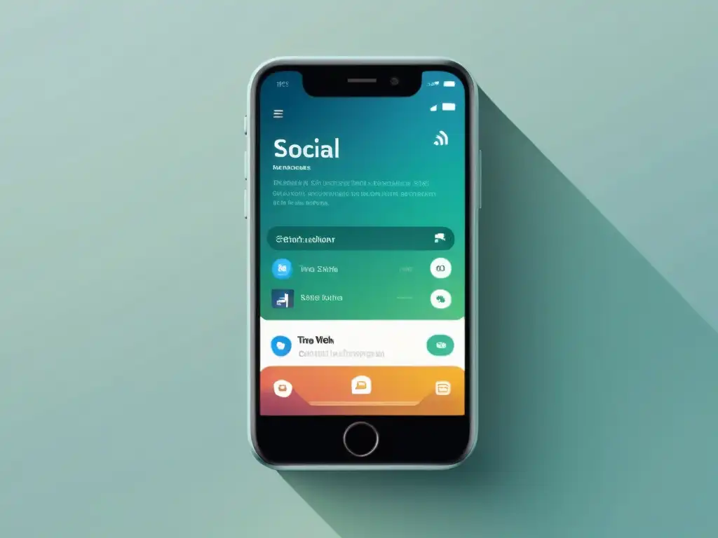 Diseño de Experiencia de Usuario (UX) en Redes Sociales: Ilustración minimalista de un smartphone con interfaz moderna y atractiva de redes sociales