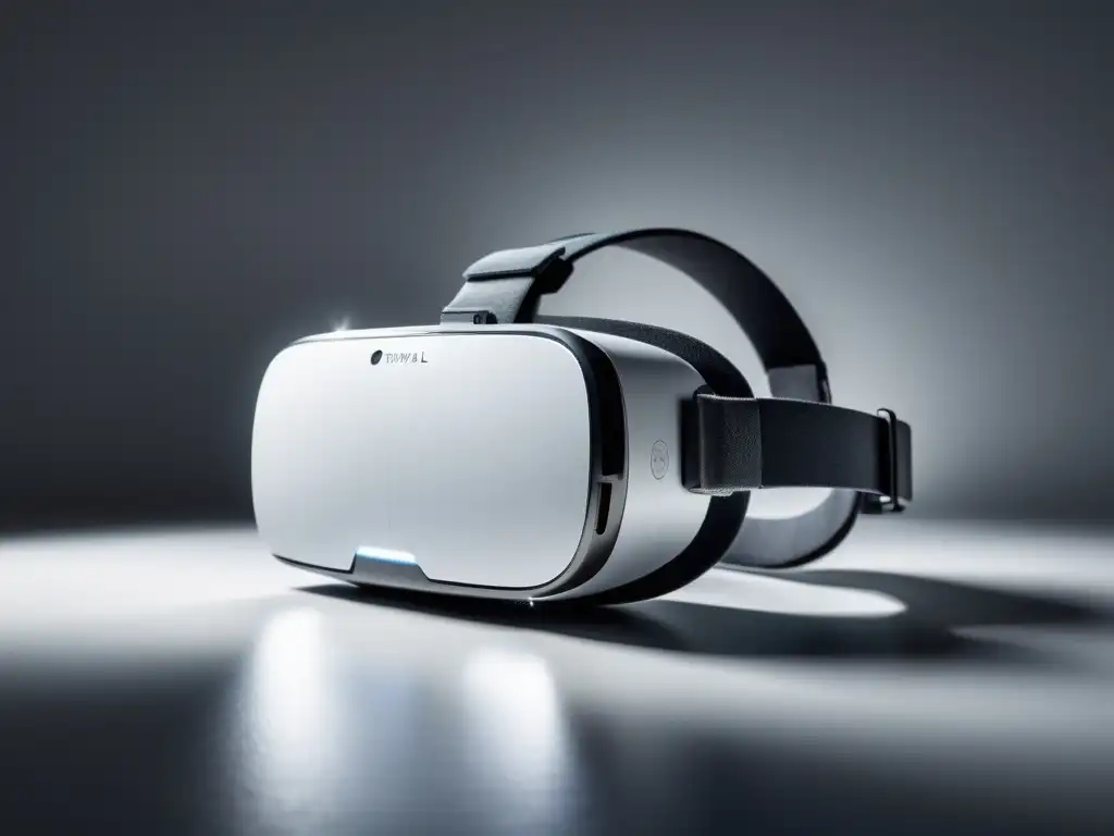 Diseño de experiencias inmersivas en RV: Un auricular de realidad virtual minimalista descansa en una superficie blanca con iluminación suave