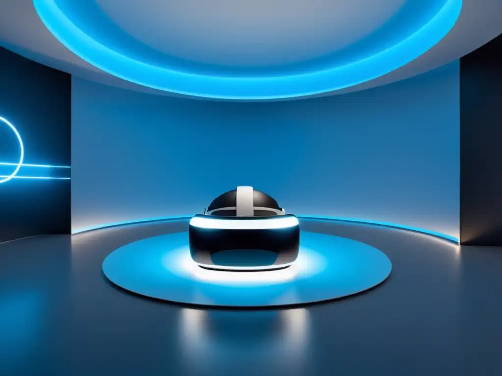 Diseño de experiencias inmersivas en RV: Un entorno minimalista y sereno de realidad virtual con un diseño futurista y luces azules sutiles