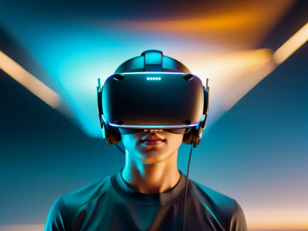 Diseño de experiencias inmersivas en RV: un headset de realidad virtual suspendido en el aire con un brillo etéreo, reflejando el entorno futurista
