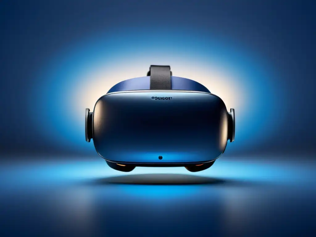 Diseño de experiencias inmersivas en RV: Un headset de realidad virtual suspendido en un espacio digital, con elegancia futurista