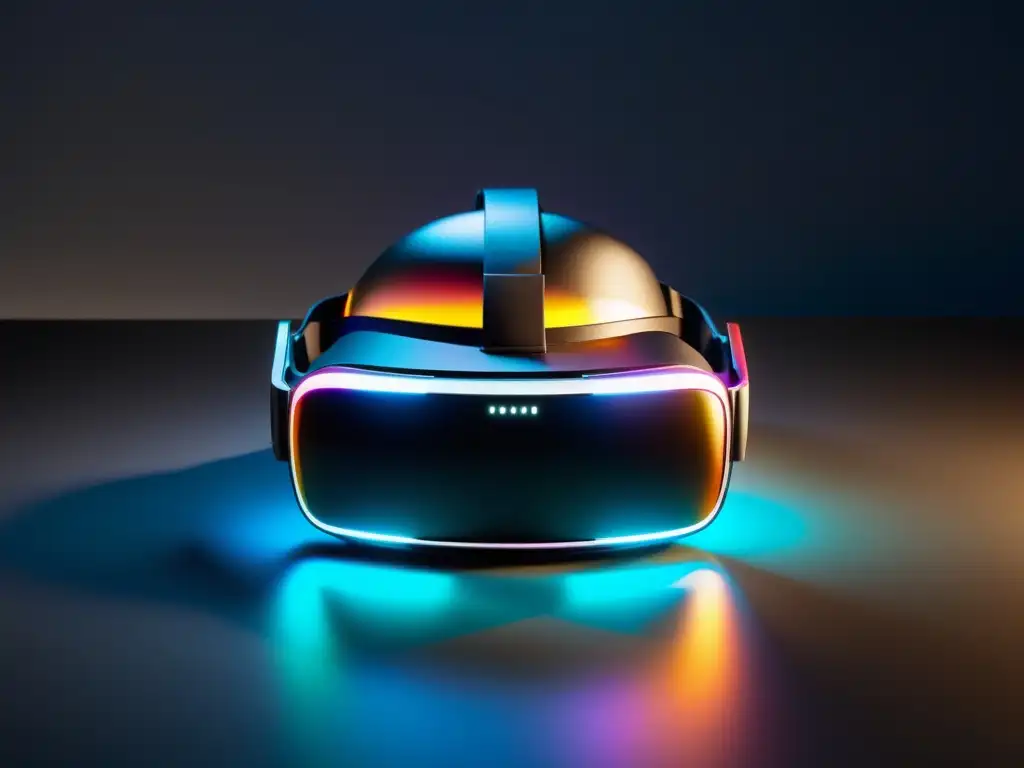 Diseño de experiencias inmersivas en RV: Un moderno visor de realidad virtual con elementos virtuales brillantes y un ambiente futurista