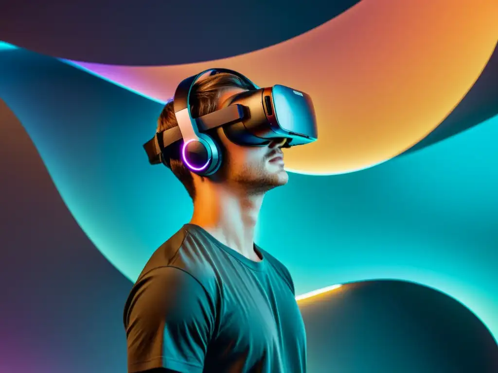 Diseño de experiencias inmersivas en RV: Persona maravillada en entorno digital futurista con visor de realidad virtual
