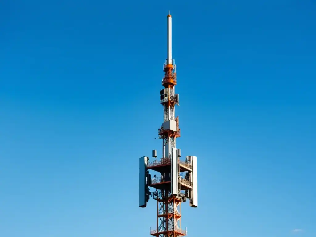 Un diseño futurista de torre 5G se destaca en un cielo azul claro, irradiando elegancia y tecnología de vanguardia