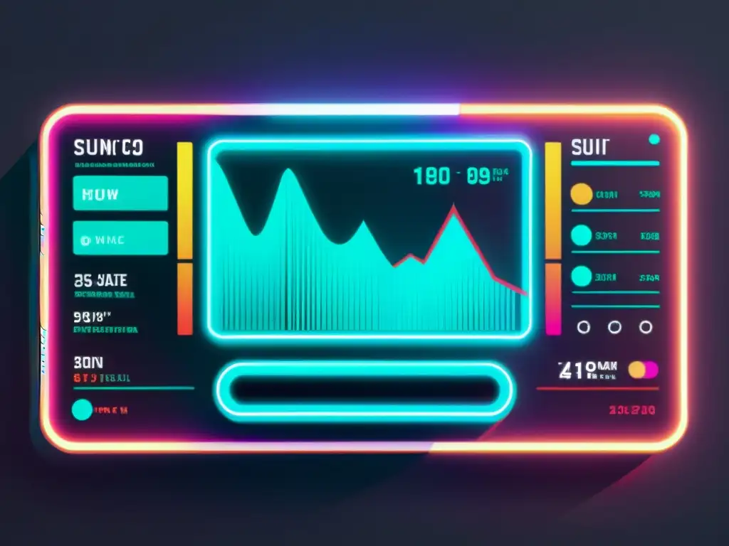 Un diseño gráfico en tecnologías emergentes: una ilustración digital minimalista de una interfaz futurista con gráficos detallados y visualizaciones de datos, resaltando colores vibrantes en un fondo monocromático