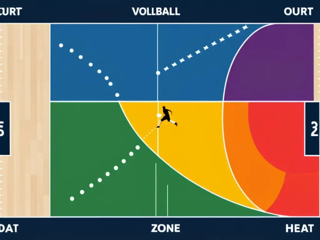 Un diseño minimalista y moderno muestra la estrategia de voleibol con mapas de calor y rastros de movimiento