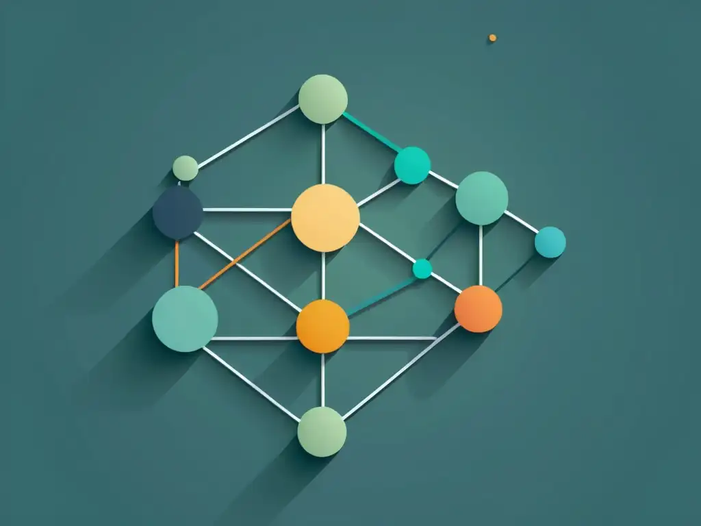 Un diseño minimalista de una red de nodos interconectados y puntos de datos, con líneas y conexiones que simbolizan el flujo de información y procesamiento de datos en el Procesamiento de Lenguaje Natural en Big Data