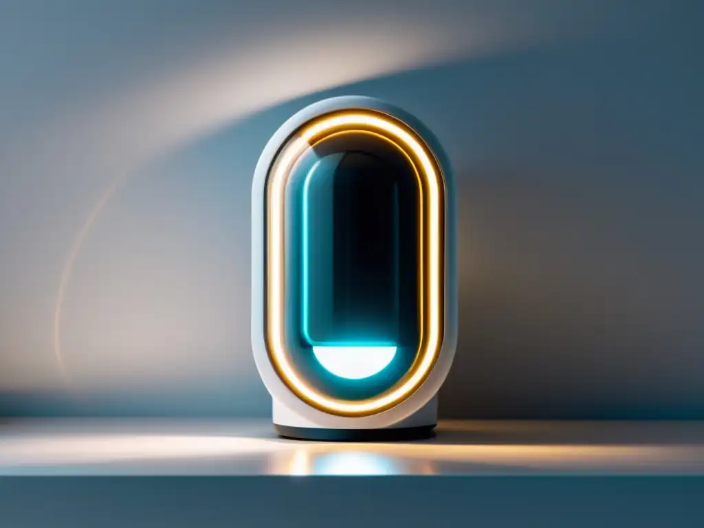 Un dispensador futurista de píldoras con iluminación LED suave, en una habitación blanca