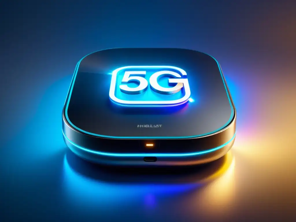 Dispositivo de streaming 5G con diseño futurista y conectividad de alta velocidad, mostrando el impacto 5G en streaming tecnológico