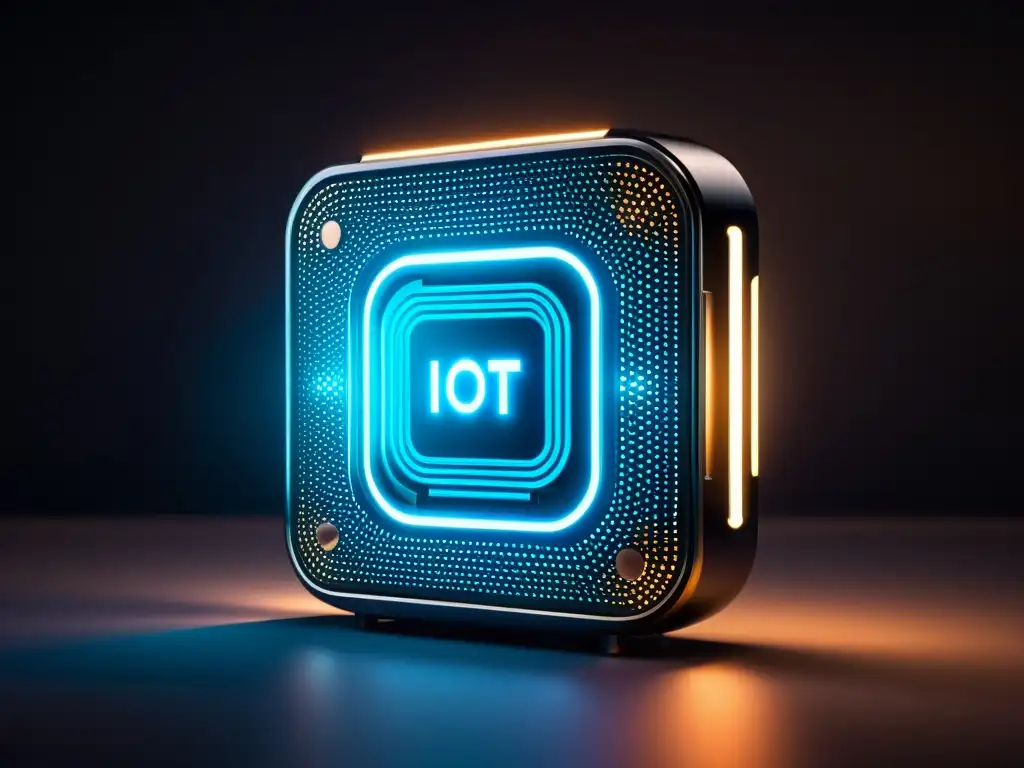 Un dispositivo IoT futurista con intrincados circuitos y luces brillantes en un fondo oscuro, evocando tecnología avanzada y conectividad