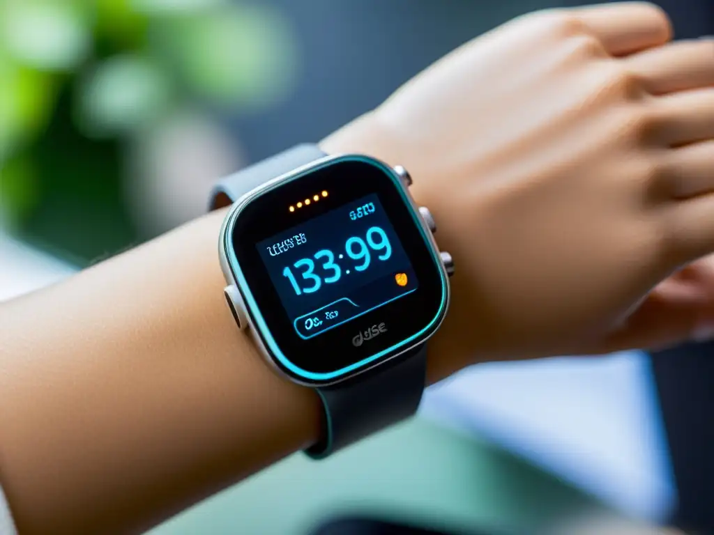 Dispositivo de monitoreo de glucosa futurista y elegante Un dispositivo futurista de monitoreo de glucosa en tiempo real, integrado a la vida diaria con diseño minimalista y tecnología de vanguardia