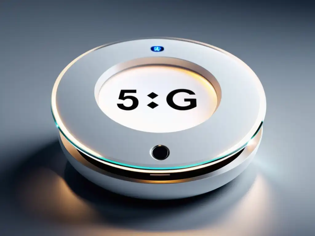 Un dispositivo médico inteligente de diseño futurista, integrado con red 5G, en un entorno blanco y sofisticado