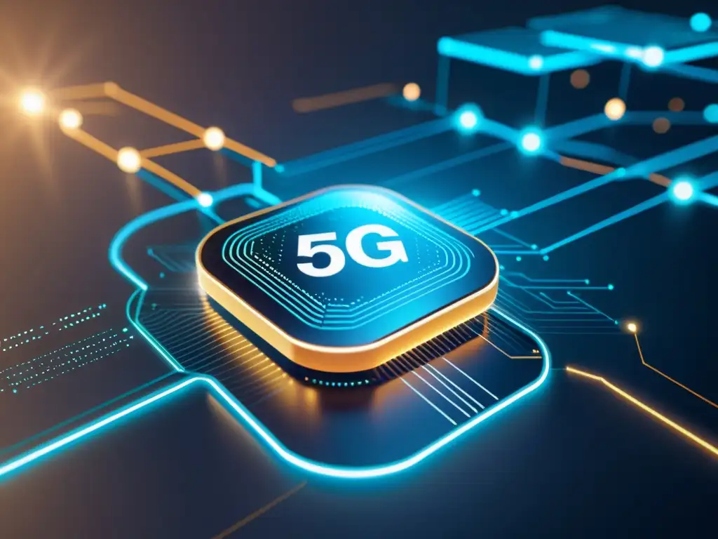 Un dispositivo móvil 5G futurista procesando datos en el borde de la red, rodeado de nodos de datos interconectados