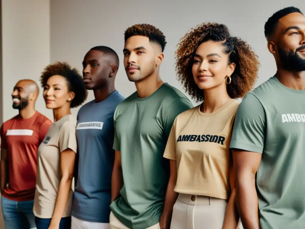 Diversidad y estilo se unen en la imagen de Identificar embajador perfecto marca: un grupo unido con camisetas de la marca, confianza y autenticidad