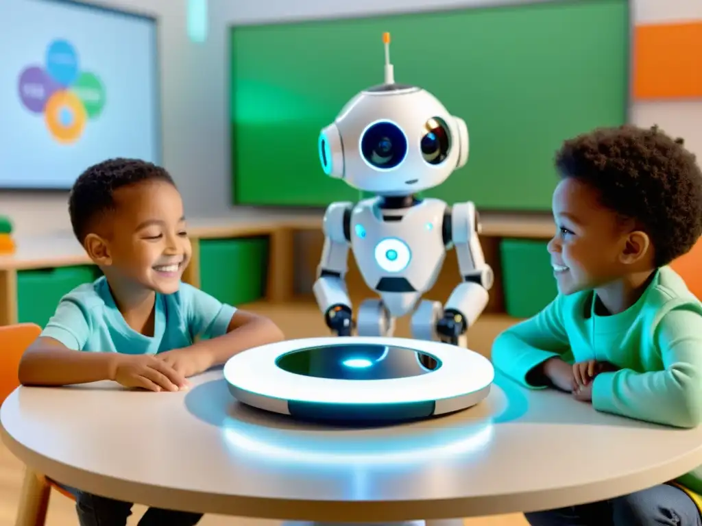 Diversión y aprendizaje en un aula futurista con niños y robots