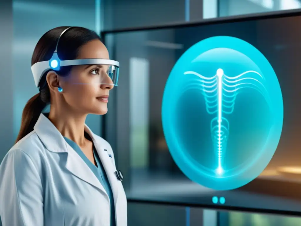 Un doctor en un centro médico futurista utiliza un avanzado headset para telemedicina 5G, mostrando los beneficios del 5G en telemedicina