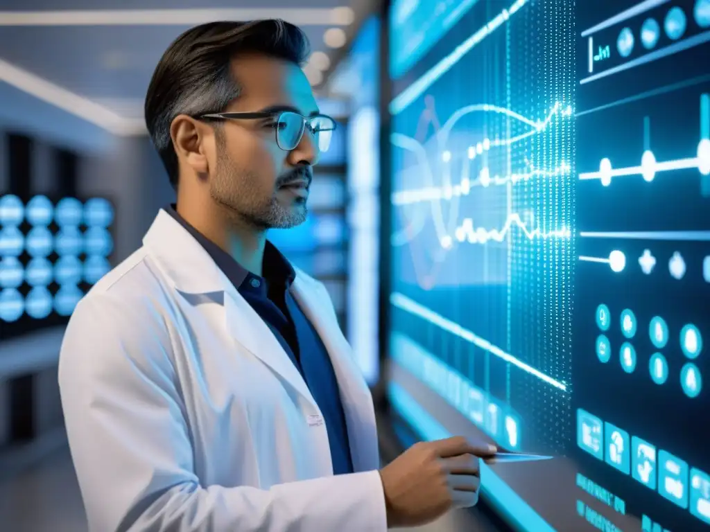 Un doctor analiza datos complejos en una pantalla digital transparente, respaldado por big data para telemedicina, en un hospital futurista