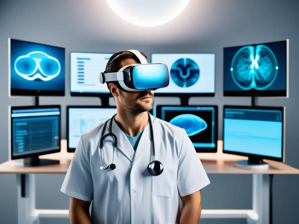 Un doctor interactúa con un entorno médico virtual usando gafas de realidad virtual, mostrando las aplicaciones prácticas de RV/RA en medicina