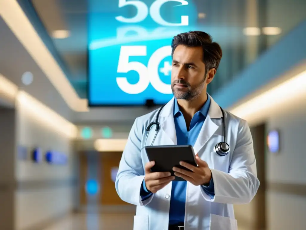 Doctor en hospital moderno con tablet 5G, expresión enfocada