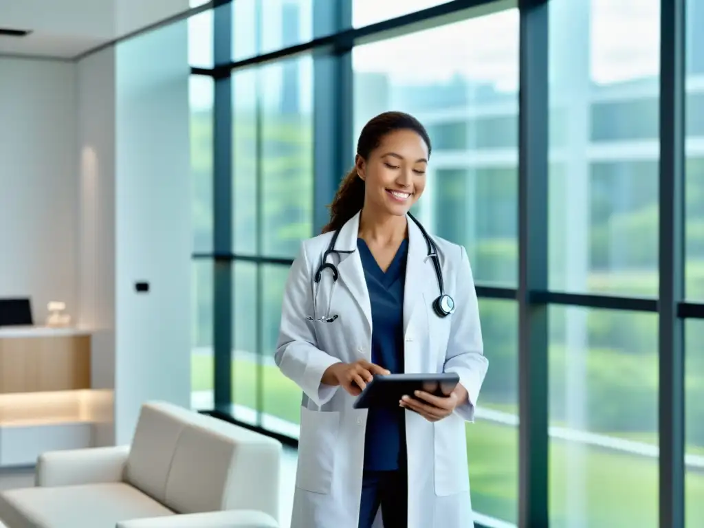 Doctor en sala de telemedicina moderna con tecnología avanzada y ambiente acogedor