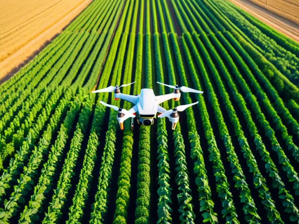 Un dron de agricultura de precisión sobrevuela un campo de cultivos verdes, capturando la fusión de tecnología y tradición agrícola