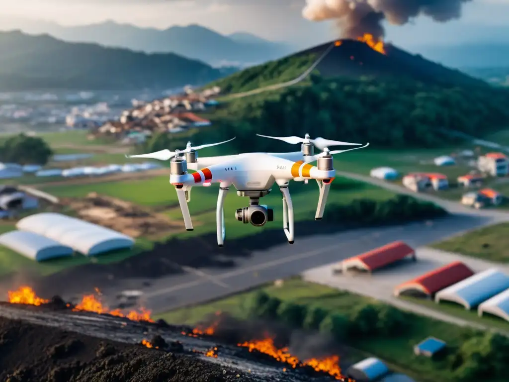 Un dron capturando datos en zona de desastre, con red 5G al fondo, demostrando aplicaciones de drones en emergencias