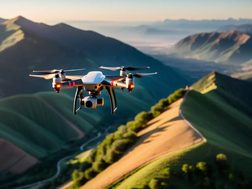 Dron de emergencia llevando suministros médicos sobre montañas al atardecer