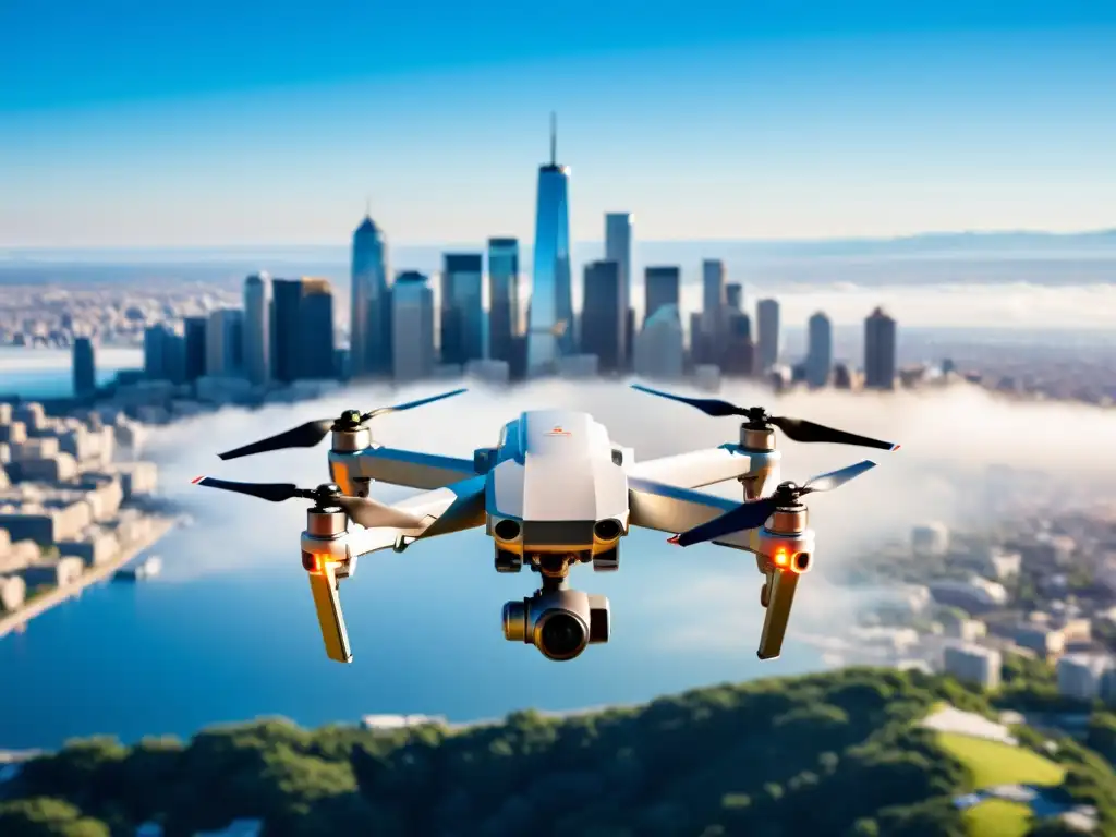 Dron de entrega en vuelo sobre la ciudad, mostrando su diseño avanzado