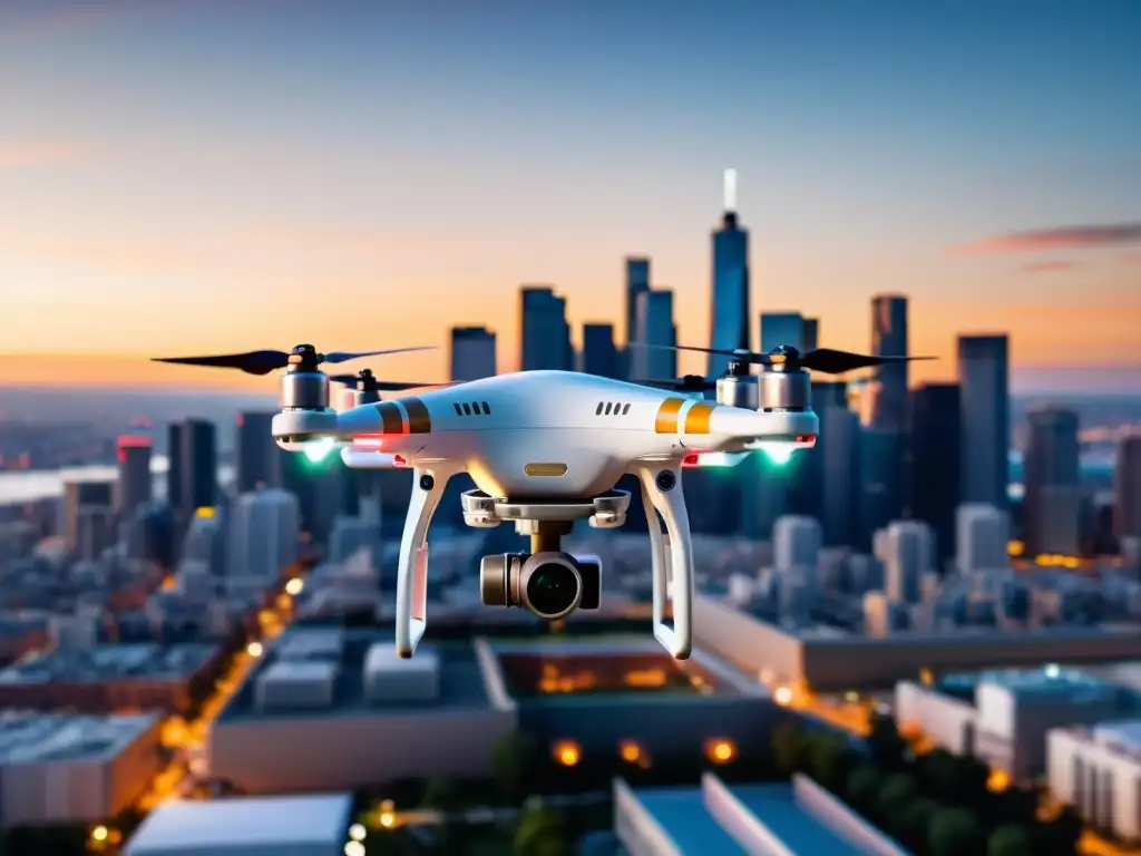 Dron equipado con suministros médicos volando sobre la ciudad al anochecer