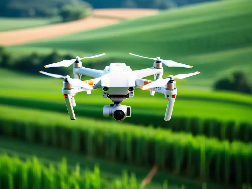 Un dron futurista capturando datos en un campo verde, transmitiendo innovaciones tecnológicas en marketing de campo