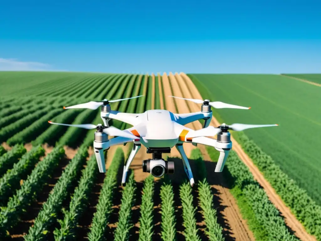 Un dron agrícola 5G vuela sobre un campo verde con cultivos, fusionando tecnología y tradición en la transformación de la agricultura moderna con 5G