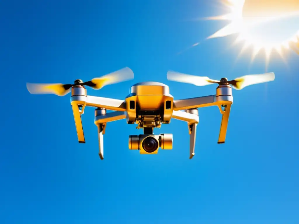 Un dron moderno y elegante sobrevuela el cielo azul, con el sol dorado brillando en su superficie metálica