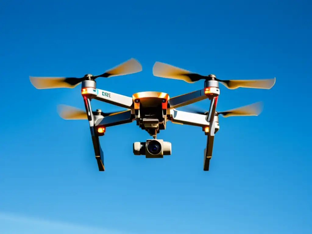 Un dron moderno y elegante sobrevolando un cielo azul claro, reflejando el sol