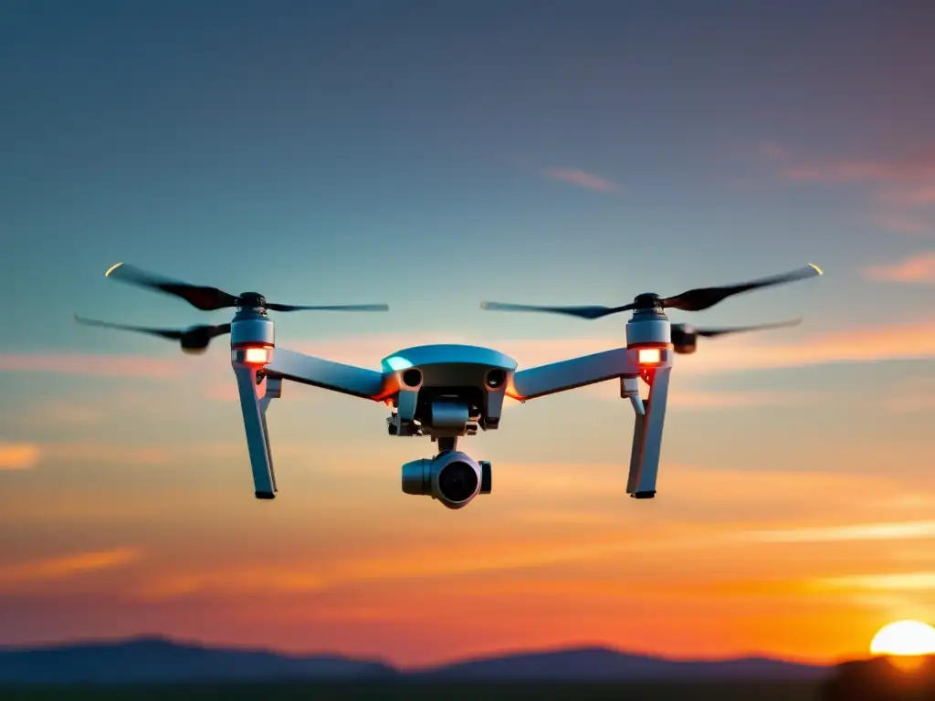 Un dron moderno y elegante se eleva graciosamente en el vibrante atardecer, fusionando tecnología avanzada y la belleza natural