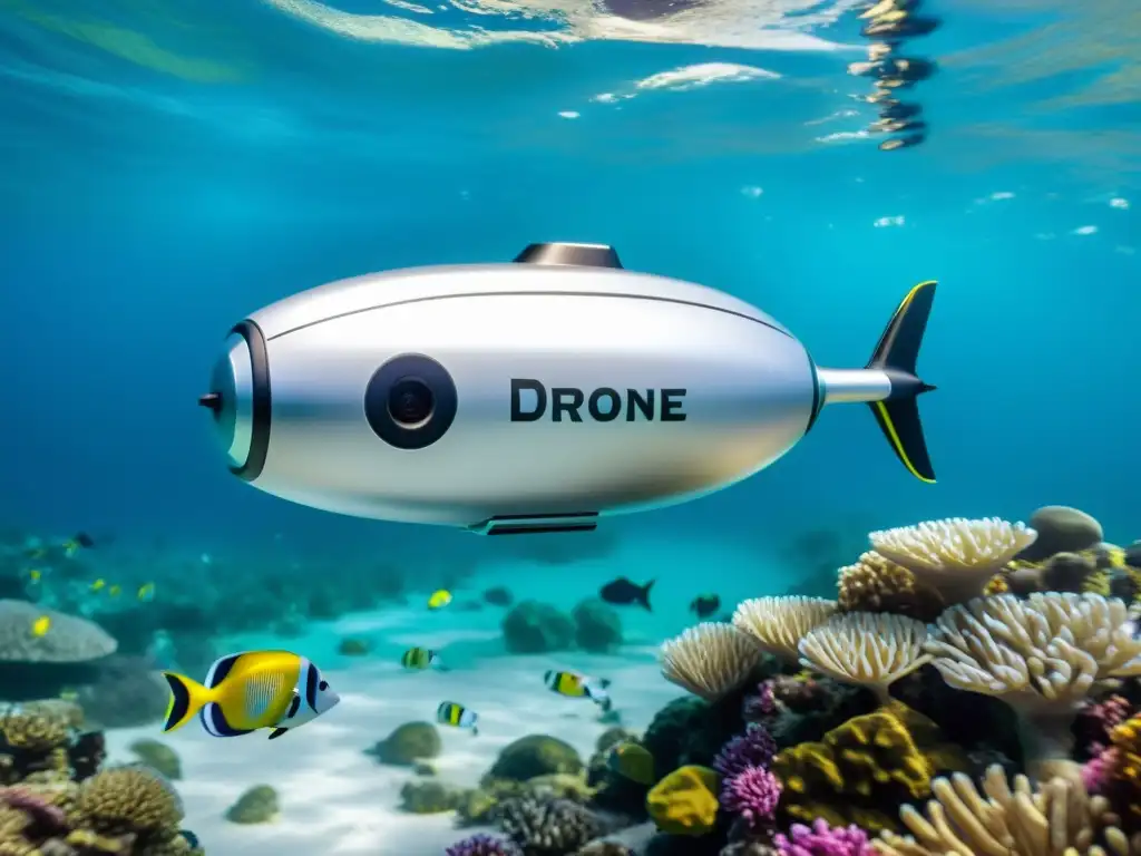 Exploración submarina: drone plateado captura la vida marina Un dron submarino plateado y elegante captura imágenes de un ecosistema marino vibrante, rodeado por peces coloridos