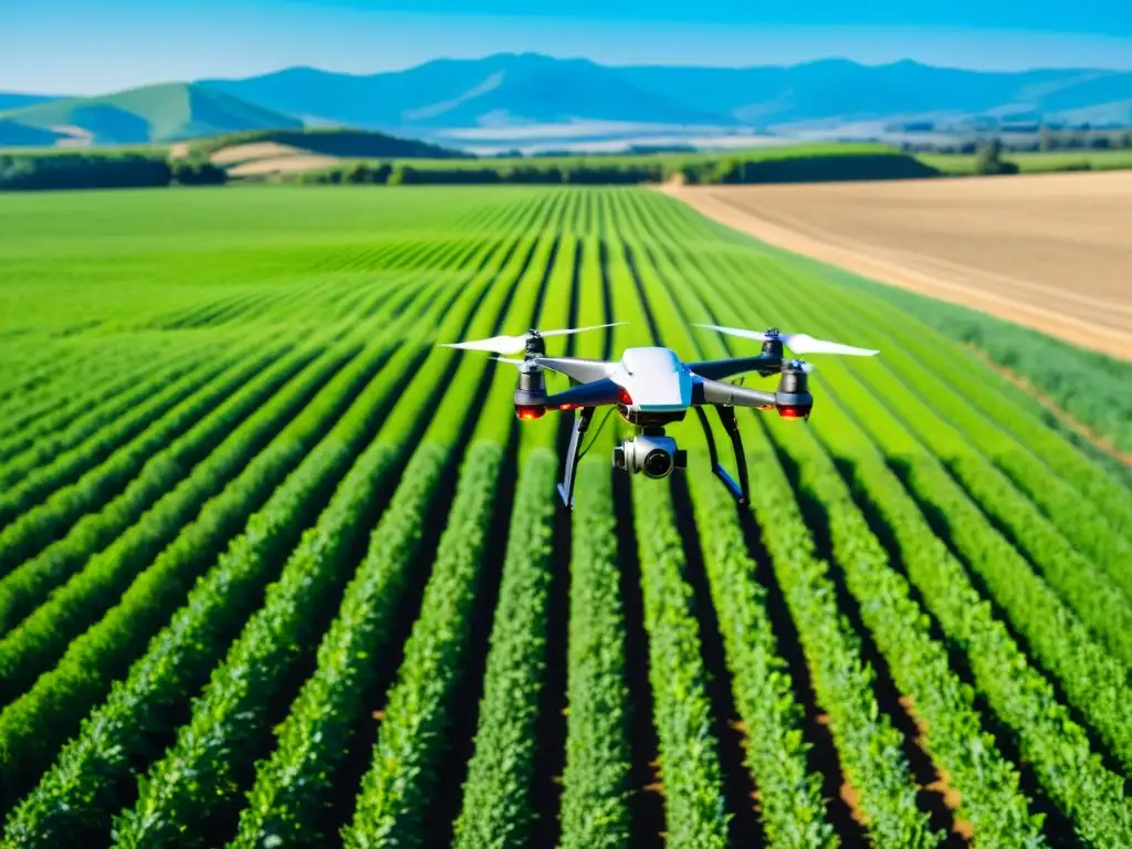 Un drone de alta tecnología flota sobre un extenso campo de cultivos verdes bajo el sol, simbolizando la integración del big data y la tecnología en la agricultura sostenible