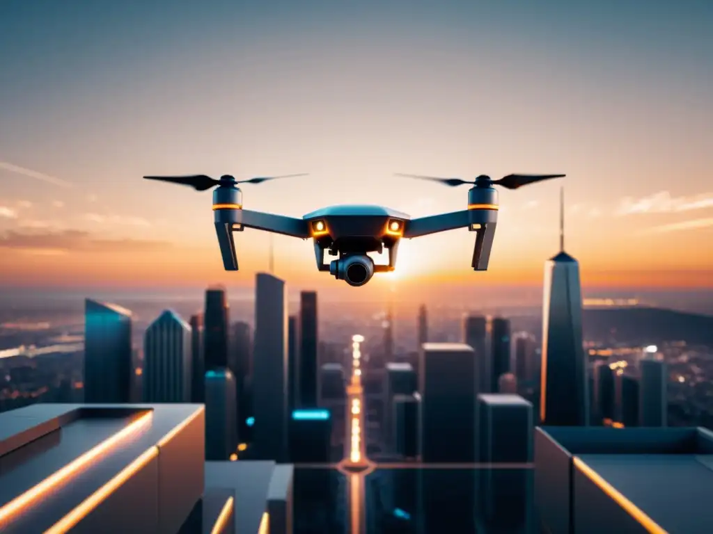 Drone futurista en la ciudad al atardecer, con circuitos visibles